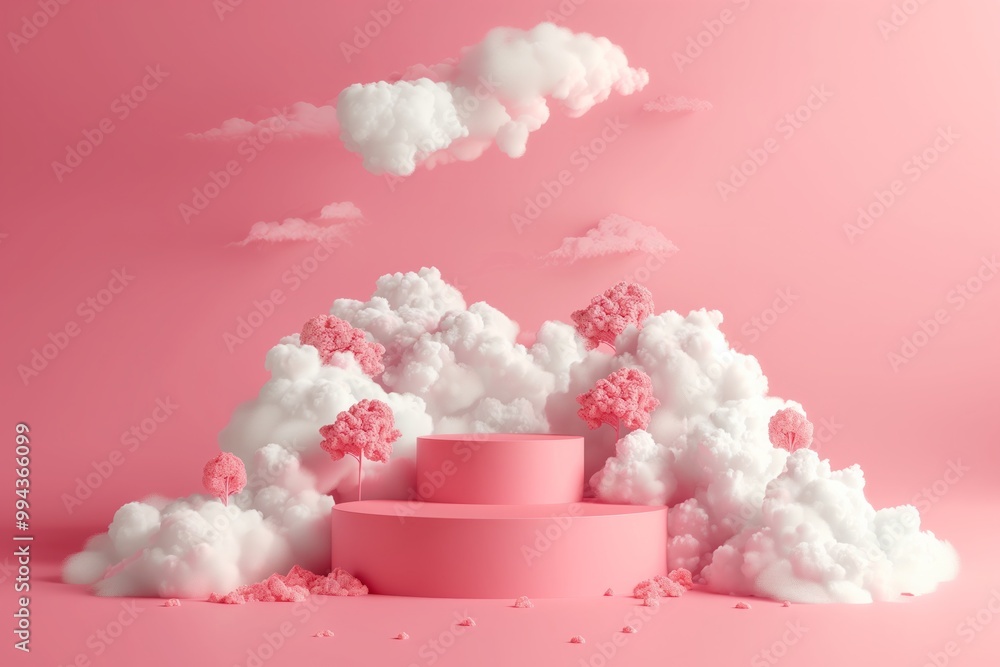 A round pedestal, behind it white clouds and pink trees, on a peach background A round pedestal, behind it white clouds and pink trees, on a peach background