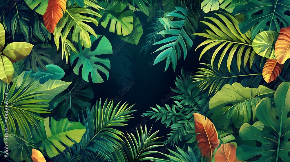 Tropical Jungle Leaves with Dark Central Copyspace Tropical Jungle Leaves with Dark Central Copyspace