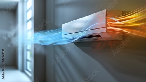 Modern air conditioner unit mounted on a blue wall illustrating efficient temperature control with arrows showing cool and warm airflow, ideal for HVAC promotions