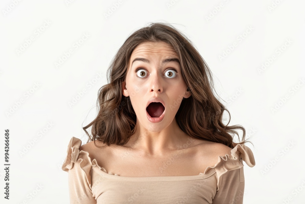 Surprised woman in beige shirt isolated on white background Surprised woman in beige shirt isolated on white background
