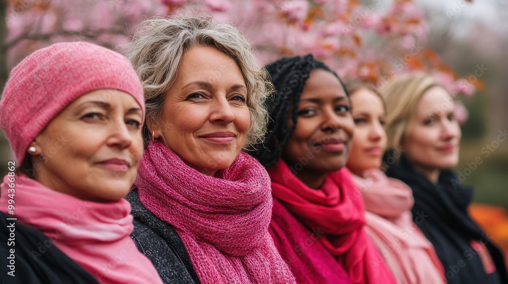 Diverse group of women of different ages and ethnicities posing together outdoors wearing pink scarves Diverse group of women of different ages and ethnicities posing together outdoors wearing pink scarves