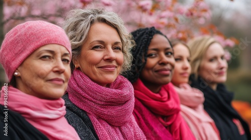 Diverse group of women of different ages and ethnicities posing together outdoors wearing pink scarves