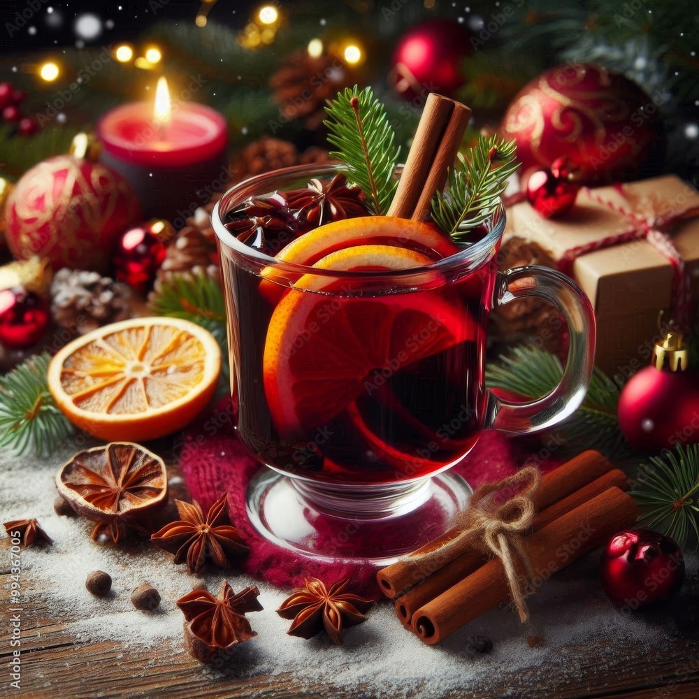 Christmas mulled red wine with aromatic spices and citrus fruits on a wooden rustic table, close-up Christmas mulled red wine with aromatic spices and citrus fruits on a wooden rustic table, close-up