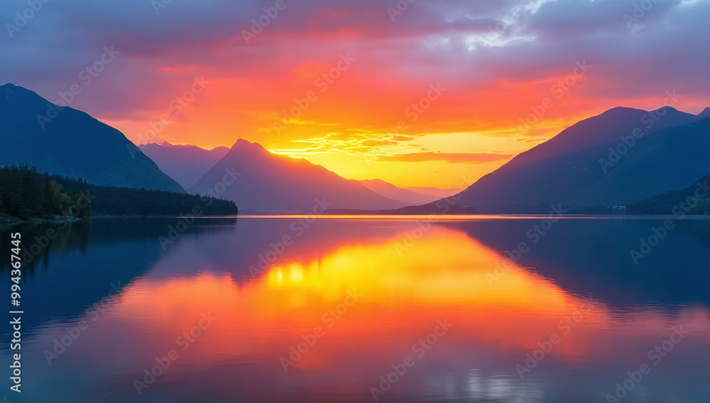 Vibrant sunset over a serene lake with mountain reflections Vibrant sunset over a serene lake with mountain reflections