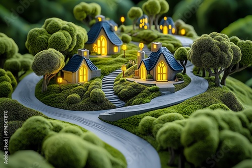 A chamber of commerce set in a magical forest, where businesses are powered by enchanted tools and mystical trade routes