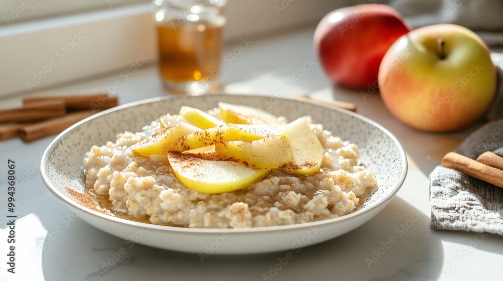 A plate of oatmeal with warm apple slices, cinnamon, and a drizzle of honey, set against a modern kitchen countertop background with bright natural lighting A plate of oatmeal with warm apple slices, cinnamon, and a drizzle of honey, set against a modern kitchen countertop background with bright natural lighting