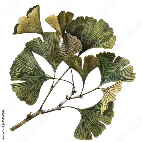 Ginkgo Biloba old botanical illustration, isolated on transparent, ideal for vintage nature-themed
