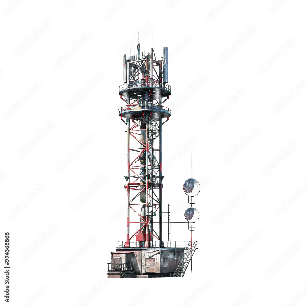 Photo of a telecommunication tower featuring 4G and 5G cellular technology, isolated on a transparent
