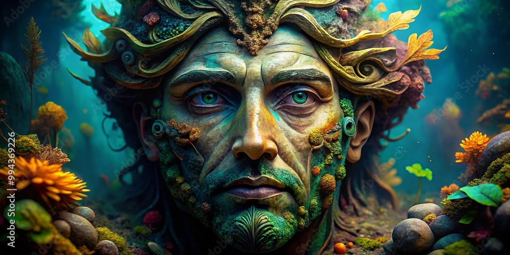 Mysterious sunken face sculpture with intricate details and weathered features in a serene environment Mysterious sunken face sculpture with intricate details and weathered features in a serene environment