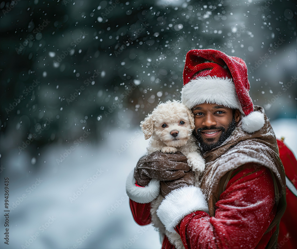 Afro-American Black Santa with Cute White Poodle Puppy Dog in Outddor Winter Snowfall Wearing Santa Suit with Santa Hat, Joyful Smiling Friendship Happiness. AI generated Afro-American Black Santa with Cute White Poodle Puppy Dog in Outddor Winter Snowfall Wearing Santa Suit with Santa Hat, Joyful Smiling Friendship Happiness. AI generated