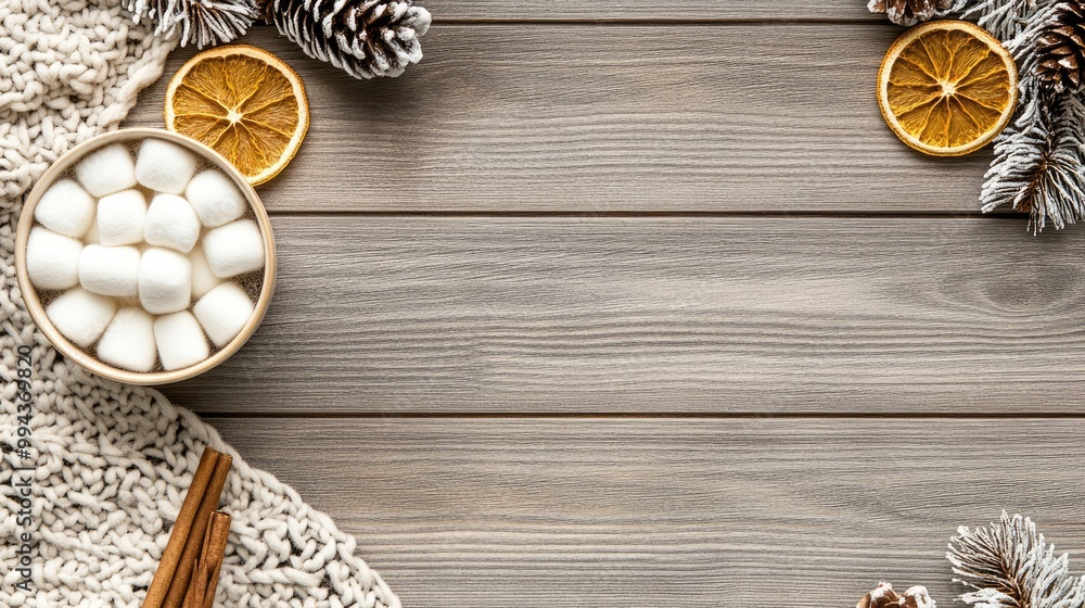 A warm cup of hot chocolate sits beside a soft knitted blanket and delicate cotton flowers on a gray wooden backdrop, evoking a cozy Christmas atmosphere. A warm cup of hot chocolate sits beside a soft knitted blanket and delicate cotton flowers on a gray wooden backdrop, evoking a cozy Christmas atmosphere.