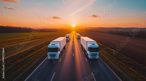 A white truck and two other trucks on the highway, driving towards the sunset in summer, with fields of wheat under the golden sunlight