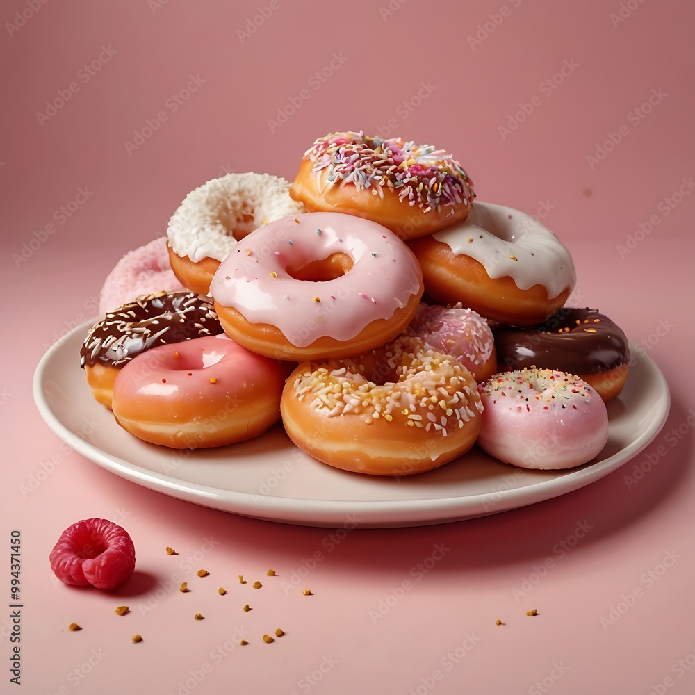 Delicious fresh donuts with topping arrangement in white background, assortment of pastel donuts with colorful sprinkles for sweet treat celebration Delicious fresh donuts with topping arrangement in white background, assortment of pastel donuts with colorful sprinkles for sweet treat celebration