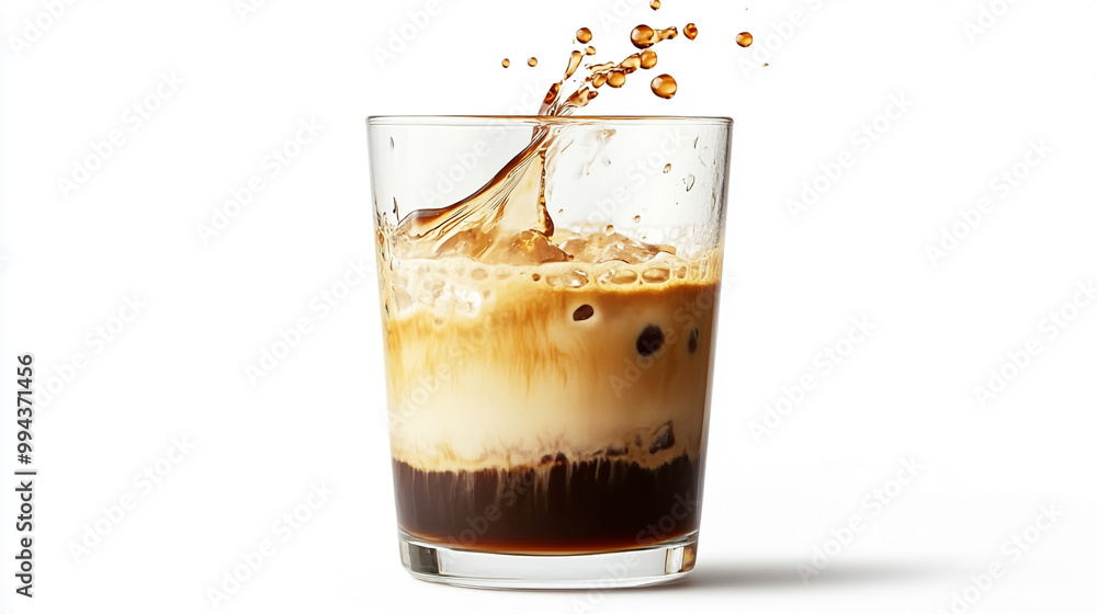 Refreshing iced coffee with splashes in a glass on a bright surface during daytime Refreshing iced coffee with splashes in a glass on a bright surface during daytime