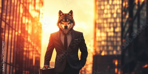 Surreal Businessman with Wolf Mask: A Symbol of Power and Modernity in an Urban Sunset