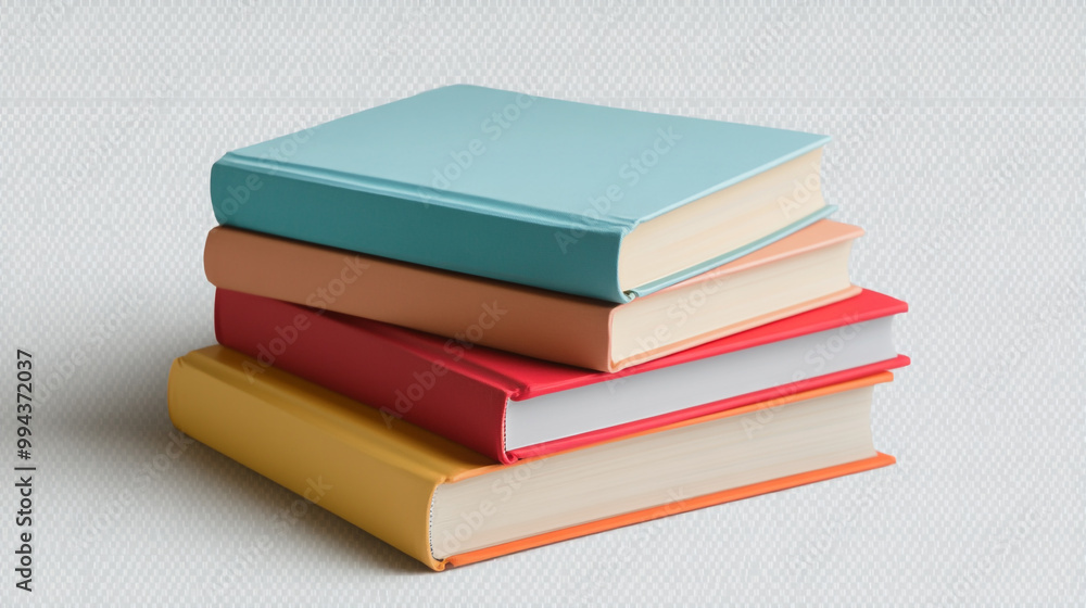 Stacked colorful books on a light textured background showcasing reading and education Stacked colorful books on a light textured background showcasing reading and education
