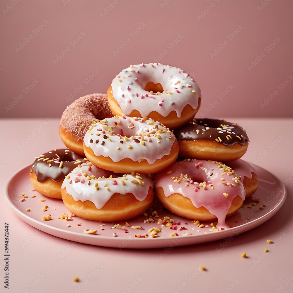 Delicious fresh donuts with topping arrangement in white background, assortment of pastel donuts with colorful sprinkles for sweet treat celebration Delicious fresh donuts with topping arrangement in white background, assortment of pastel donuts with colorful sprinkles for sweet treat celebration