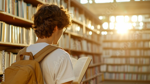 Student Reading a Book in Sunlit Library