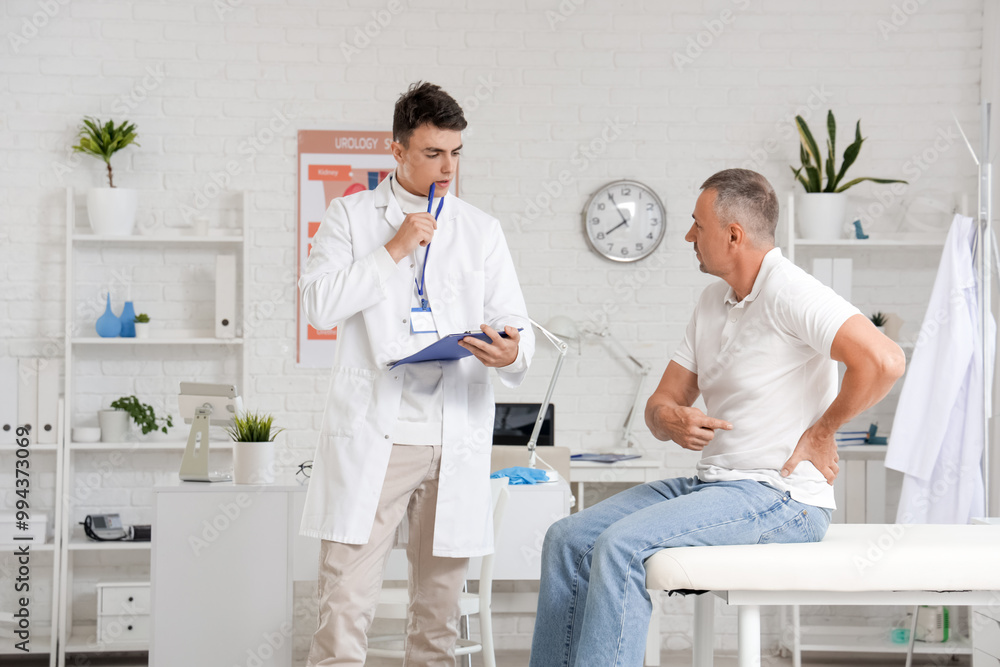 Fototapeta premium Young urologist working with mature man on couch in office