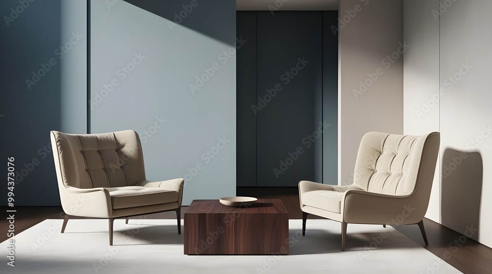 Modern living room featuring two chairs and a table against a blue wall, showcasing stylish home design. Modern living room featuring two chairs and a table against a blue wall, showcasing stylish home design.