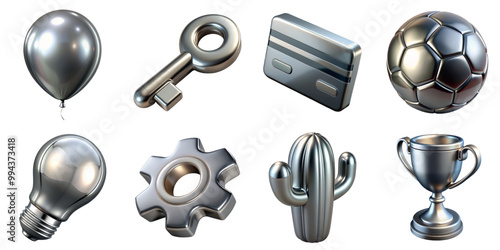 Collection of 3d metallic chrome objects including key, credit card, cactus, gear wheel, balloon, winner cup, light bulb