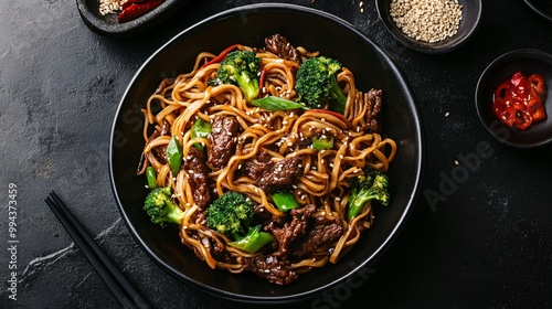 A flat lay of stir-fried lo mein noodles with beef, broccoli, and sesame seeds, set on a sleek black countertop with modern urban kitchen accents photo