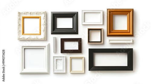 A collection of various photo frames in different styles and sizes arranged neatly on a white background