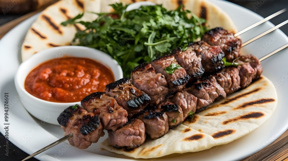 Shish kebab BBQ meat with onions and tomatoes. Meat kebab on skewers on a barbecue grill with vegetables. Grilled kebab. Shish kebab BBQ meat with onions and tomatoes. Meat kebab on skewers on a barbecue grill with vegetables. Grilled kebab.