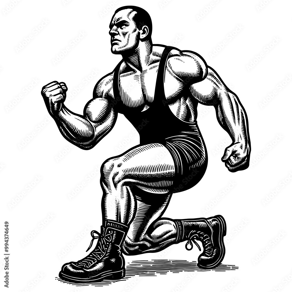 Fototapeta premium strong wrestler in a kneeling power pose, muscular physique and intense focus sketch engraving generative ai fictional character PNG illustration. Scratch board imitation. Black and white image.