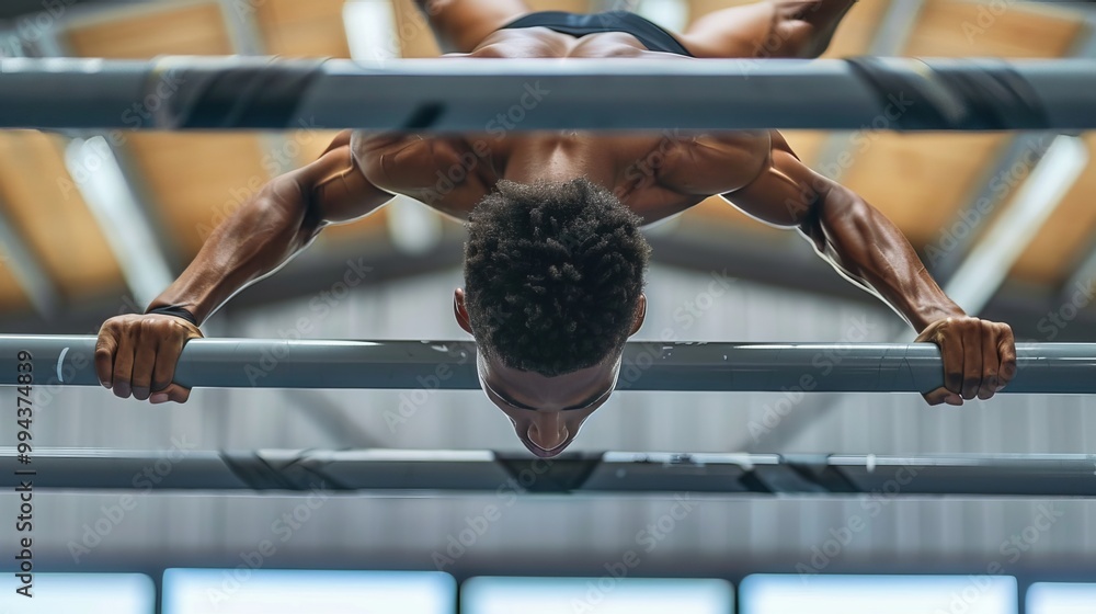 Fototapeta premium Gymnast practices his skills on the parallel bars.