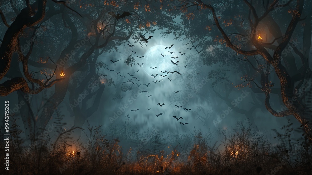 Halloween in a dark forest. Fog, fire, and bats create a spooky atmosphere. Art design with a mysterious frame. Perfect for Halloween parties or decorations.