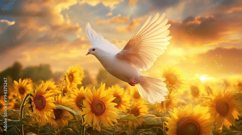 Obraz premium White dove gracefully flying over a sunflower meadow bathed in warm golden light
