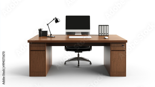 Modern wooden desk setup featuring computer, lamp, and office supplies in a minimalistic style photo