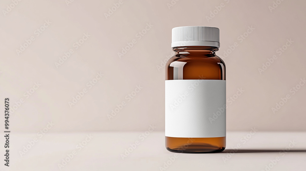 Simple brown glass bottle with a white label against a neutral background Simple brown glass bottle with a white label against a neutral background