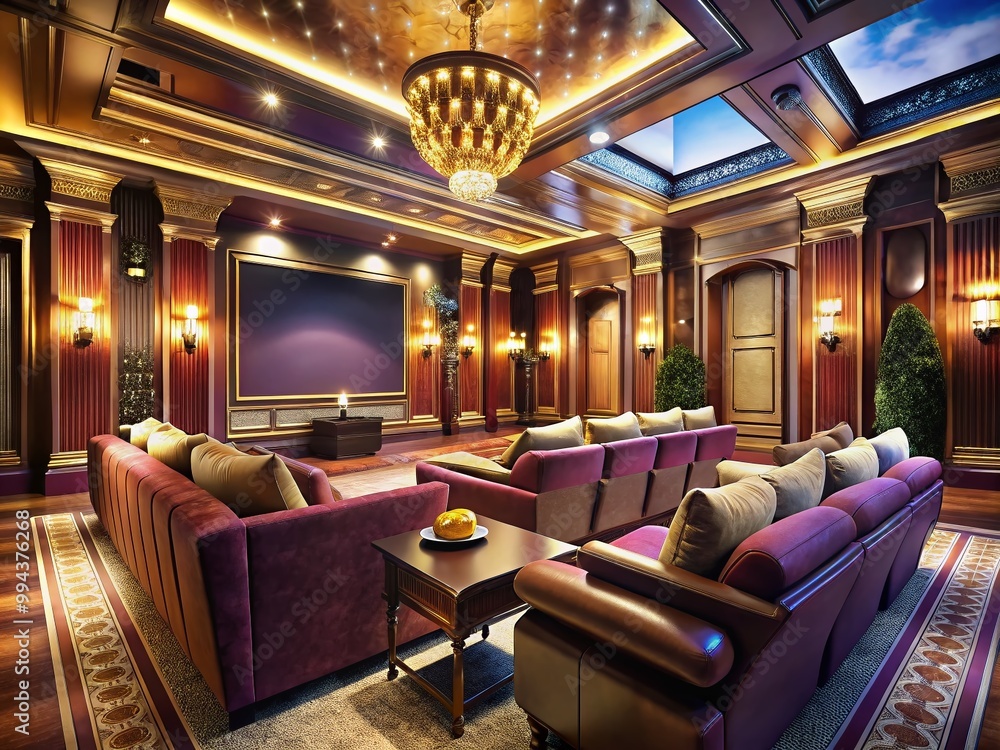 Opulent Home Theater Design with Plush Seating, Large Screen, and Sophisticated Lighting Features Opulent Home Theater Design with Plush Seating, Large Screen, and Sophisticated Lighting Features