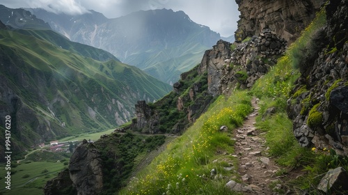 Hike to a mountain village along a narrow path with sharp rocks and steep cliffs in the Caucasus region.