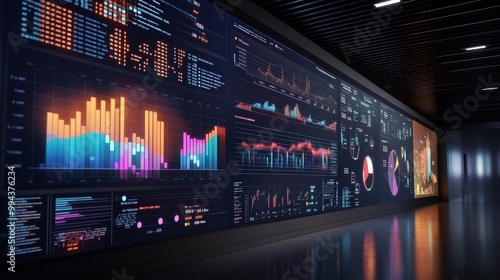 Modern Office with Interactive 3D Data Visualization Screens and Cityscape View