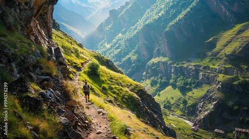 Hike to a mountain village along a narrow path with sharp rocks and steep cliffs in the Caucasus region.