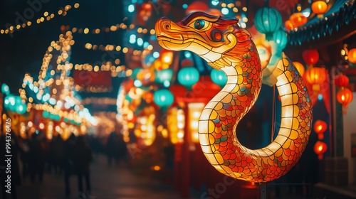 An outdoor festival scene at night with glowing snake-shaped lanterns illuminating the streets. People celebrate the Year of the Snake with colorful decorations, symbolizing renewal and wisdom