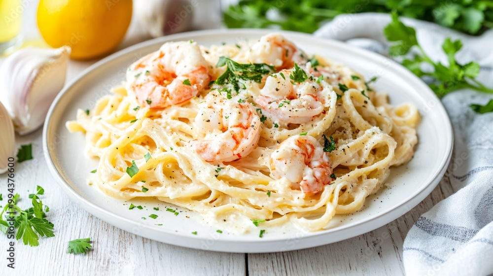 A plate of creamy shrimp linguine with garlic butter sauce and parsley, placed on a light wooden table with a cozy Italian seaside background A plate of creamy shrimp linguine with garlic butter sauce and parsley, placed on a light wooden table with a cozy Italian seaside background