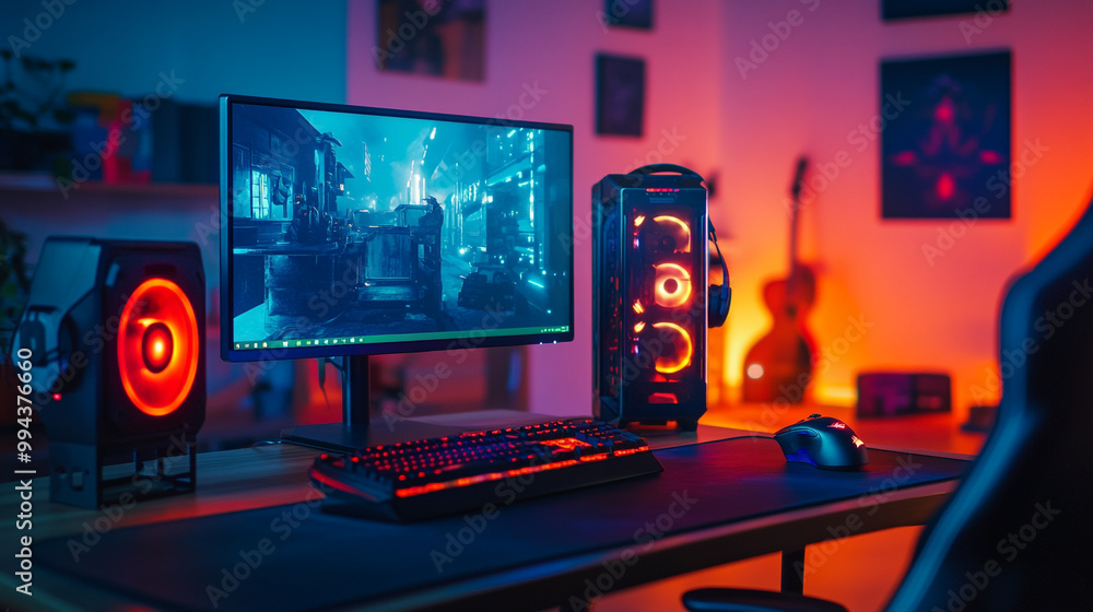 Modern gaming setup featuring vibrant lighting and high-end equipment in a cozy room Modern gaming setup featuring vibrant lighting and high-end equipment in a cozy room
