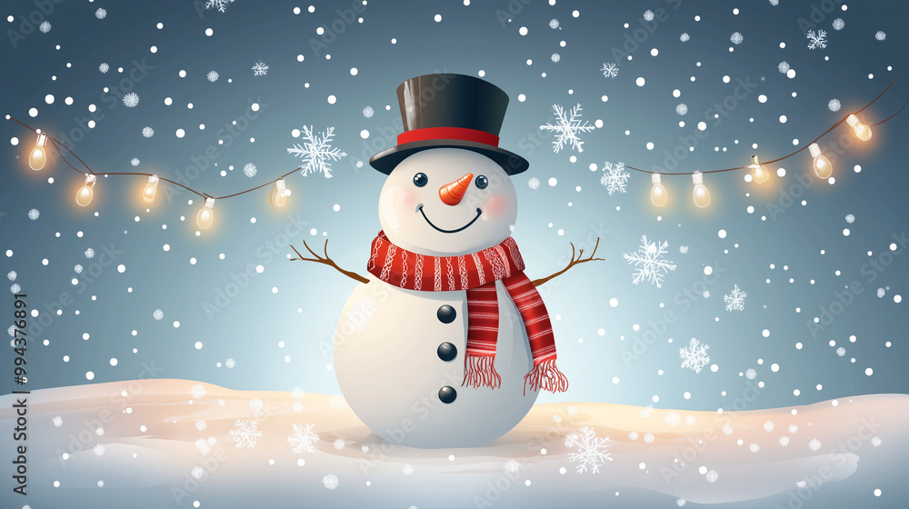 A cheerful snowman wearing a scarf and top hat, surrounded by twinkling Christmas lights and snowflakes falling gently, Snowman, vector style A cheerful snowman wearing a scarf and top hat, surrounded by twinkling Christmas lights and snowflakes falling gently, Snowman, vector style