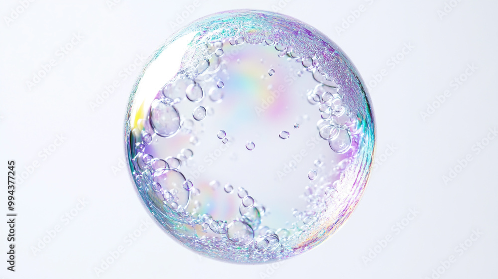 A colorful soap bubble floats gently against a white background, reflecting inner bubbles A colorful soap bubble floats gently against a white background, reflecting inner bubbles