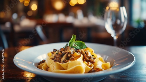 A serving of pappardelle pasta with wild mushroom ragu, set on a dark wooden table with an elegant Italian restaurant background