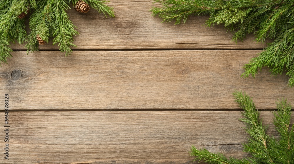 A rustic wooden surface is framed by lush green cypress branches, providing an elegant and natural border ideal for festive events and creative design projects A rustic wooden surface is framed by lush green cypress branches, providing an elegant and natural border ideal for festive events and creative design projects