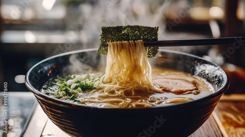 A steaming bowl of tonkotsu ramen with thick, rich pork broth, served with seaweed and scallions, set against a traditional Japanese ramen bar backdrop photo