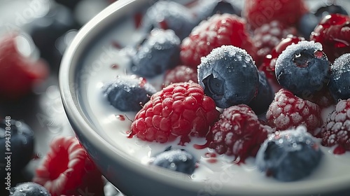 Indulge in the vibrant burst of fresh raspberries and blueberries, adding a splash of color and sweetness to your favorite milk or yogurt. photo