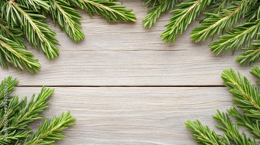 A rustic wooden surface is framed by lush green cypress branches, providing an elegant and natural border ideal for festive events and creative design projects A rustic wooden surface is framed by lush green cypress branches, providing an elegant and natural border ideal for festive events and creative design projects