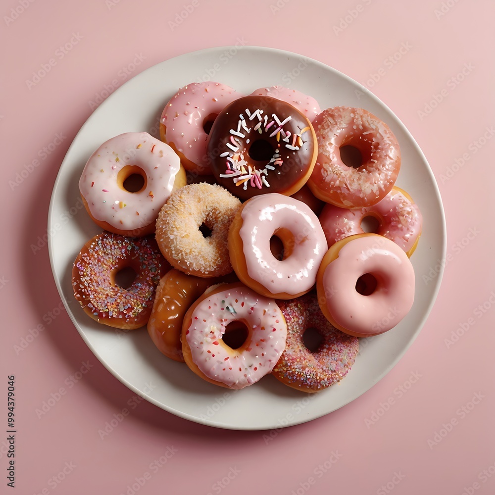 Delicious fresh donuts with topping arrangement in white background, assortment of pastel donuts with colorful sprinkles for sweet treat celebration Delicious fresh donuts with topping arrangement in white background, assortment of pastel donuts with colorful sprinkles for sweet treat celebration