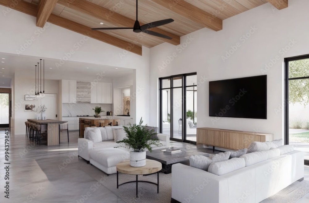 Modern living room and kitchen design featuring open space and natural light in a contemporary home Modern living room and kitchen design featuring open space and natural light in a contemporary home
